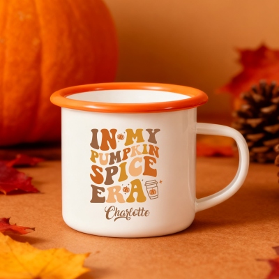 Personalized Name in My Pumpkin Spice Era Enamel Mug, Multicolor 12oz Shatterproof Cup with Handle, Cocoa Milk Mug, Thanksgiving Gift for Kids/Women