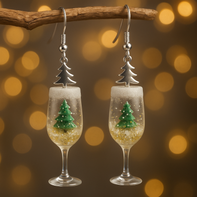 Sparkling Champagne Glass Christmas Tree Earrings, 3D Snow Scene Acrylic Luxury Party Jewelry, Unique Christmas Gift for Girl/Woman/Her