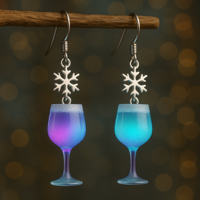 Winter Snowflake Wine Glass Earrings, Blue & Purple Gradient Acrylic Dangle Earrings, Holiday Party Jewelry, Unique Christmas Gift for Girl/Woman/Her