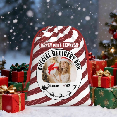 Personalized Photo North Pole Express Christmas Gift Bag, Christmas Sack with Drawstring, Holiday Party Favor, Christmas Gift for Kids/Boys/Girls