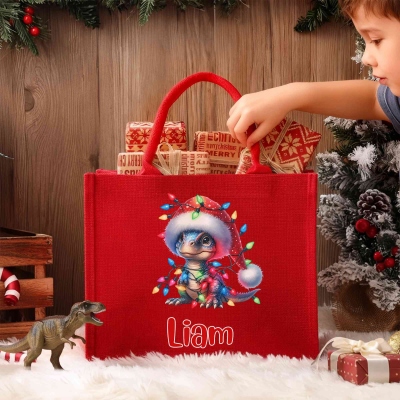 Personalized Name Cartoon Dinosaur with Christmas Lights Tote Bag, Large Capacity Red Jute Bag, Holiday Party Favor, Christmas Gift for Kids/Family