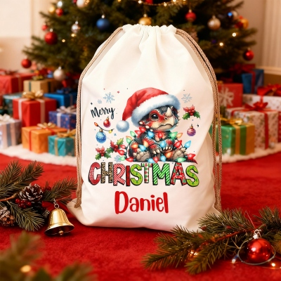 Custom Name Cartoon Dinosaur with Christmas Lights Gift Bag, Canvas Santa Sack with Drawstring, Holiday Party Favor, Christmas Gift for Kids/Family