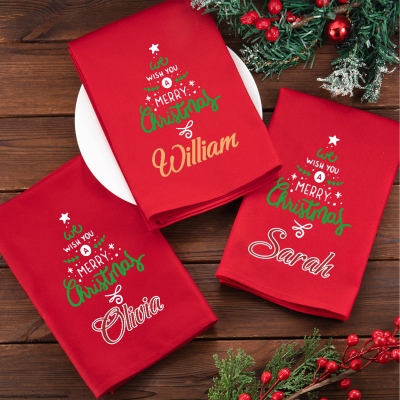Personalized Name We Wish you a Merry Christmas Napkin, Party Dinner Red Napkin, Kitchen Accessory, Housewarming/Christmas Gift for Hostess/Mom/Family