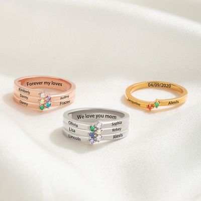 Personalized Engraved 1-8 Birthstones Ring with Names, Sterling Silver 925 Family Ring, Birthday/Christmas/Mother's Day Gift for Her/Wife/Mom/Grandma