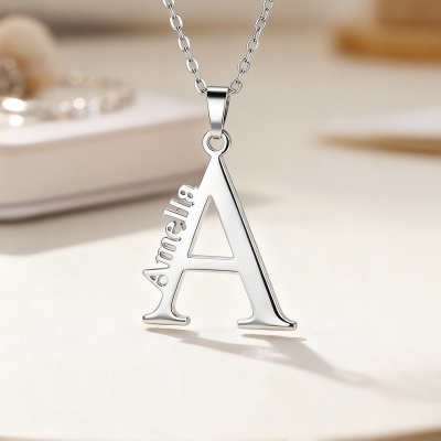 Personalized Large Initial Name Charm Necklace, Minimalist Stainless Steel Sideways Name Jewelry, Birthday/Anniversary Gift for Mom/Girlfriend/Her