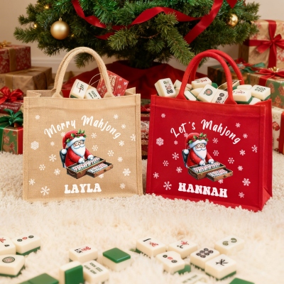 Merry Mahjong Christmas Jute Tote Bag with Name, Personalized Let's Mahjong Santa Claus Jute Storage Bag, Daily Use Christmas Gift for Mahjong Lovers