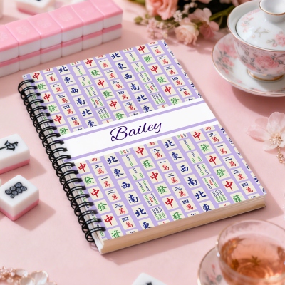 Custom Name Mahjong Journal Gift,  A5 Coil Notebook with Mahjong Tiles Pattern,  Christmas Birthday Gift for Mahjong Lovers