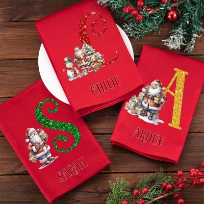 Personalized Glitter Alphabet Santa Claus Napkin with Name, Party Dinner Red Napkin, Kitchen Accessory, Housewarming/Christmas Gift for Hostess/Family