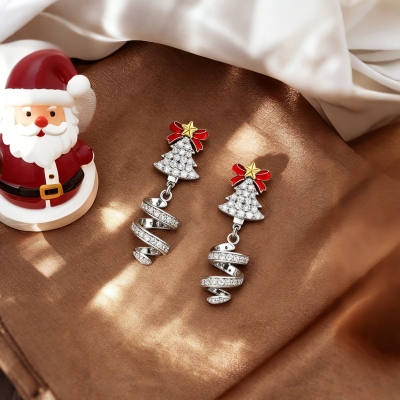 Christmas Tree Spiral Drop 925 Silver Earrings with Red Bow & Gold Star, Pave Ecrystal Mbellished, Elegant Festive Dangle Jewelry for Women