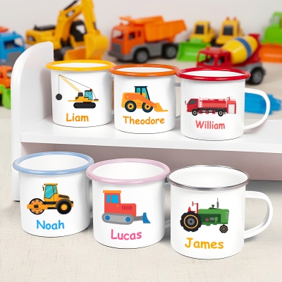 Personalized Name Cartoon Construction Vehicle Enamel Mug, 12oz Shatterproof Cup with Handle, Cocoa Milk Mug, Birthday/Christmas Gift for Boys/Kids