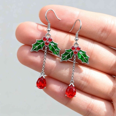 Personalized Birthstone Holly Leaf Dangle Earrings, Colorful Christmas Jewelry with Teardrop Gem, Christmas/Holiday Gift for Women/Her