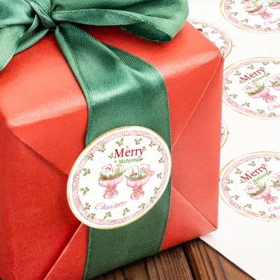 Personalized Merry Mahjong Waterproof Stickers Labels with Name, Christmas Mahjong Cocktail Pattern, Christmas Mahjong Party Decor Gift for Mahjong Lover