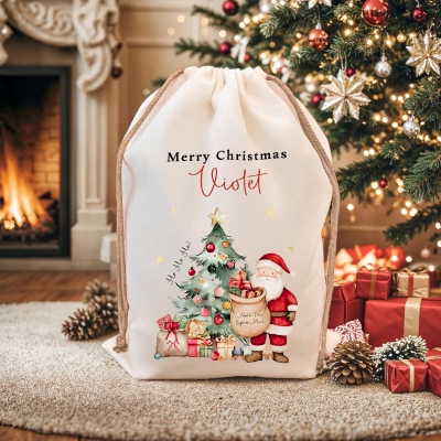 Custom Name Cartoon Santa Claus Design Christmas Gift Bag, Canvas Santa Sack with Drawstring, Holiday Party Favor, Christmas Gift for Kids/Family