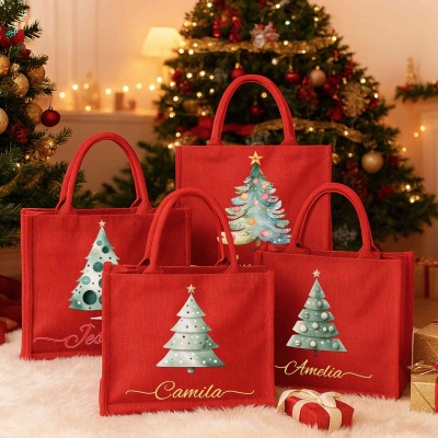 Personalized Cartoon Christmas Tree Burlap Tote Bag with Name, Large Capacity Red Jute Bag, Holiday Party Favor, Christmas Gift for Kids/Family