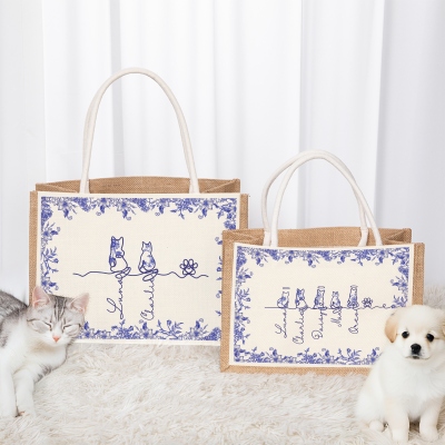 Personalized Names 1-7 Pets Toile de Jouy Design Burlap Tote Bag, Large Capacity Jute Handbag, Birthday/Christmas/Memorial Gift for Pet Lovers/Owners