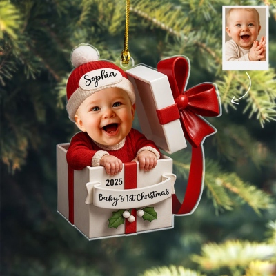 Personalized Baby in Gift Box Christmas Ornament with Name and Photo, Baby's First Christmas Holiday Keepsake, Baby Shower/Christmas Gift for Newborn