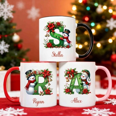 Personalized Snowman Alphabet Christmas Mug with Name, 11oz/15oz Two Tone Ceramic Mug for Hot Cocoa Milk Coffee, Christmas Gift for Family/Friends