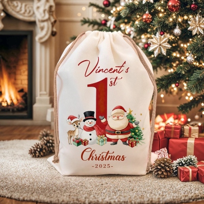 Custom Name Cartoon Santa Claus/Snowman Baby's 1st Christmas Gift Bag, Large Capacity Canvas Santa Sack with Drawstring, Christmas Gift for Newborns