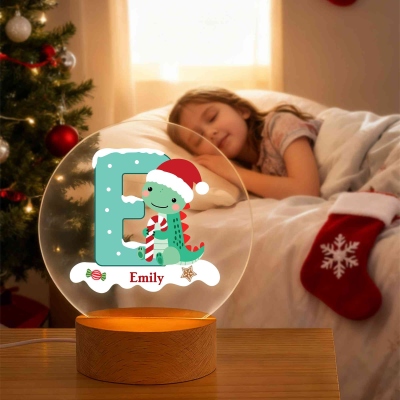 Custom Name Christmas Dinosaur Alphabet LED Night Light, Acrylic Night Lamp with Wooden Base, Home Decor, Christmas Gift for Kids/Boys/Dinosaur Lovers