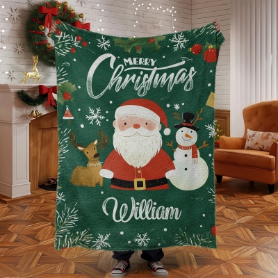 Custom Name Merry Christmas Blanket, Flannel/Sherpa Throw for Bed Couch, Holiday Blanket, Winter Seasonal Home Decor, Christmas Gift for Kids/Family