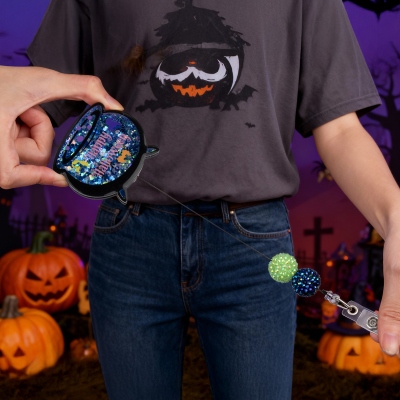 Personalized Shaker Glitter Witch Cauldron Retractable Badge Reel with Text, Acrylic ID Badge Holder Clip, Nurse Week/Halloween Gift for Medical Staff