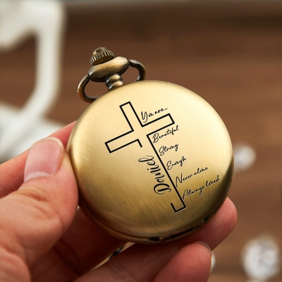 Personalized Name Cross Bible Verses Pocket Watch, Christian Religious Accessory, Birthday/Christening/First Communion Gift for Family/Friends