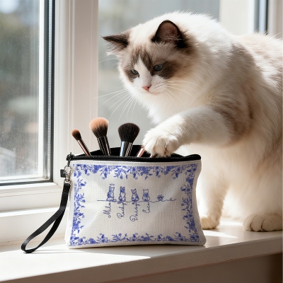 Custom Names 1-7 Pets Toile de Jouy Design Cosmetic Bag, Linen Makeup Pouch with Wrist Strap, Birthday/Christmas/Memorial Gift for Pet Lovers/Owners