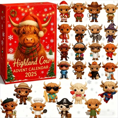 Highland Cow Advent Calendar 2025, 24 Days of Whimsical Mini Cows Collection, Handcrafted Keepsake, Christmas Gift for Highland Cow Lovers/Kids