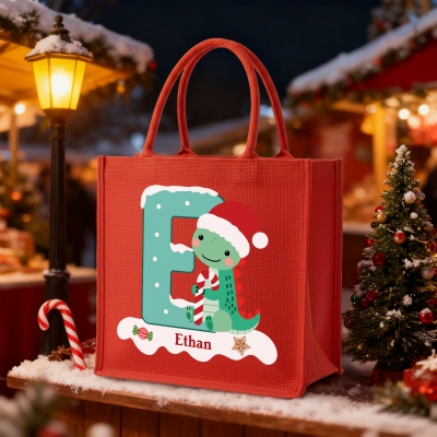 Custom Name Christmas Dinosaur Alphabet Burlap Tote Bag, Large Capacity Red Jute Bag, Holiday Party Favor, Christmas Gift for Kids/Dinosaur Lovers