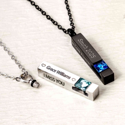 Personalized 3D Bar Cube Urn Necklace with Birthstone, Cremation Jewelry for Human/Pet Ashes, Memorial Keepsake of Loved One, Gift for Women/Men