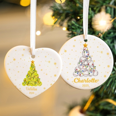 Custom Name Sports Balls Stacked Ceramic Christmas Ornament with Year, Heart-Shaped/Round Holiday Tree Hanging Decor, Christmas Gift for Sports Lovers