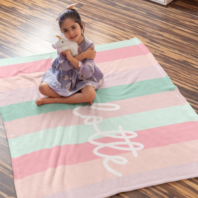 Personalized Color Block Striped Blanket with Name, Flannel/Sherpa Throw for Bed Couch, Home Decor, Birthday/Christmas Gift for Kids/Family/Friends