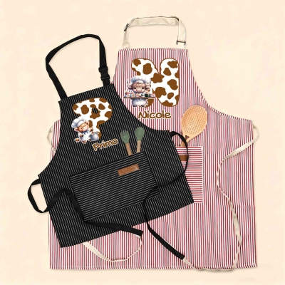 Custom Name Initial Highland Cow Chef Striped Apron, Kid/Adult Adjustable Apron with Pocket, Kitchen Supplies, Birthday/Christmas Gift for Kids/Family