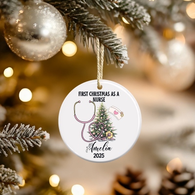 Custom Name First Christmas as a Nurse Ceramic Ornament, Stethoscope Christmas Tree Decor, Nursing Graduation Keepsake, Christmas Gift for Nurses