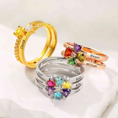 Personalized Engraved Heart Assortment Ring with 1-8 Birthstones, Sterling Silver 925 Birthstone Jewelry, Birthday/Anniversary Gift for Wife/Mom/Women