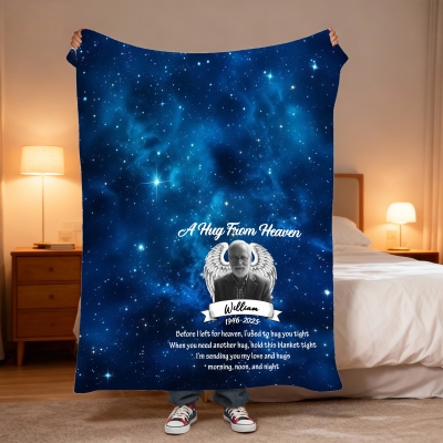 Custom Photo & Name A Hug From Heaven in Loving Memory Blanket, Flannel/Sherpa Soft Bed Couch Throw, Remembrance/Sympathy Gift for Loss of Loved One