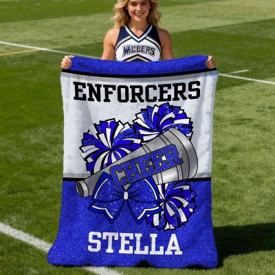Personalized Name Bling Cheer Bow Megaphone Pom Pom Blanket, Flannel/Sherpa Soft Bed Couch Throw, Home Decor, Gift for Cheerleaders/Teammates
