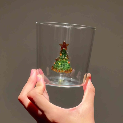 Handmade Christmas Tree Glass Cup – Double Wall Transparent Holiday Coffee Mug, Cute Decorative Festive Gift for Winter & Christmas
