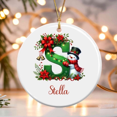 Personalized Name Snowman Alphabet Christmas Ornament, Ceramic Christmas Tree Hanging Decor, Xmas Keepsake, Christmas Gift for Kids/Family/Friends