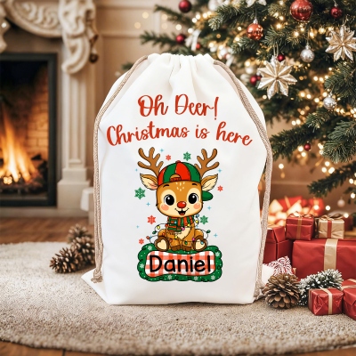 Custom Name Oh Deer Cartoon Reindeer Christmas Gift Bag, Canvas Santa Sack with Drawstring, Holiday Party Favor, Christmas Gift for Kids/Family
