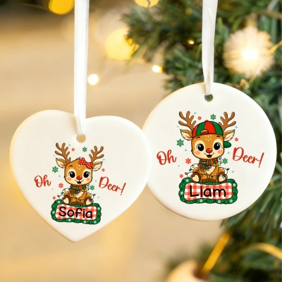 Personalized Name Oh Deer Cartoon Reindeer Christmas Ornament, Round/Heart-Shaped Ceramic Christmas Tree Hanging Decor, Christmas Gift for Kids/Family