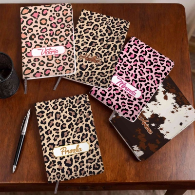 Personalized Animal Print Notebook, Custom Name Journal, Multi-Color Leopard & Highland Cow Pattern, Stylish Gift