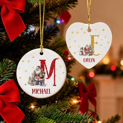 Custom Name Glitter Alphabet Santa Claus Christmas Ornament, Round/Heart-Shaped Ceramic Christmas Tree Hanging Decor, Christmas Gift for Kids/Family