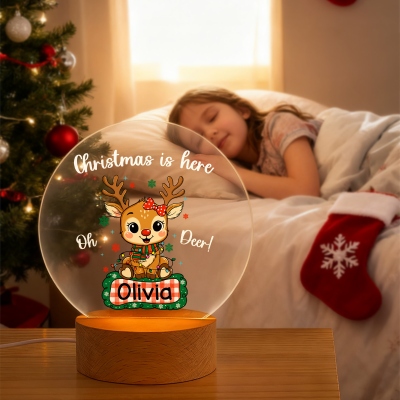 Custom Name Oh Deer Cartoon Christmas Reindeer LED Night Light, Acrylic Night Lamp with Wooden Base, Home Decor, Christmas Gift for Kids/Boys/Girls