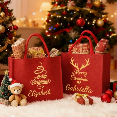 Personalized Gold Foil Merry Christmas Tote Bag with Name, Large Capacity Red Jute Bag, Holiday Party Favor, Christmas Gift for Family/Friends