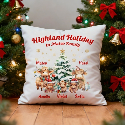 Custom Names Highland Cow Family Christmas Throw Pillow Cover, Pillowcase with Optional Insert, Home Decor, Housewarming/Christmas Gift for Family