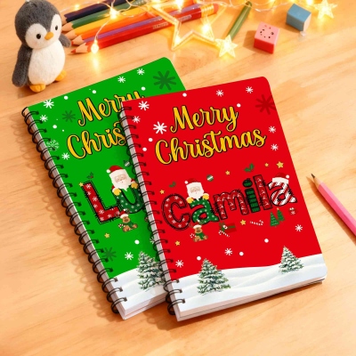 Personalized Cartoon Christmas Theme Notebook with Name, Multicolor A5 Spiral Notebook, Holiday Stocking Stuffer, Christmas Gift for Kids/Students