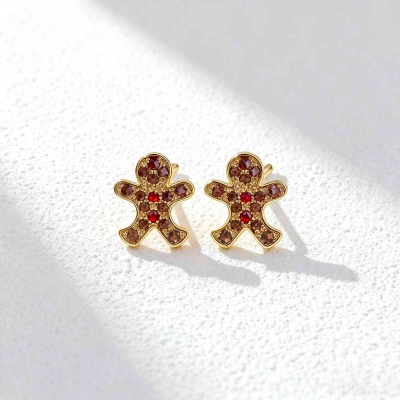 Handcrafted Birthstone Gingerbread Man Stud Earrings, Cute Sterling Silver 925 Gold Plated Christmas Holiday Jewelry, Cute Christmas Gift for Her/Family