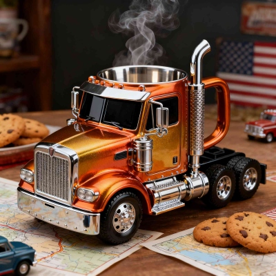 Realistic Semi Truck Decor Cup with Stainless Steel Liner, Creative Resin Truck Ornament, Unique Gift for Truck Drivers & Car Lovers, Office Desk Decoration