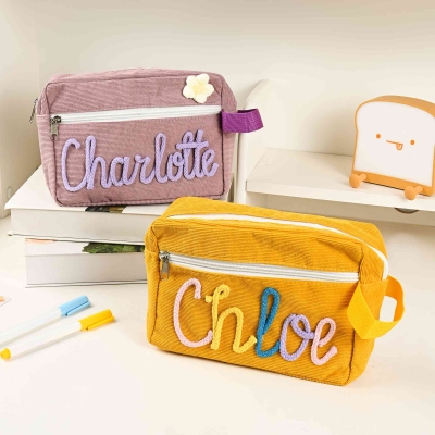 Personalized Yarn Name Corduroy Pencil Pouch with Flower/Butterfly/Lollipop, Storage Bag with Wrist Strap, Birthday/Back to School Gift for Girls